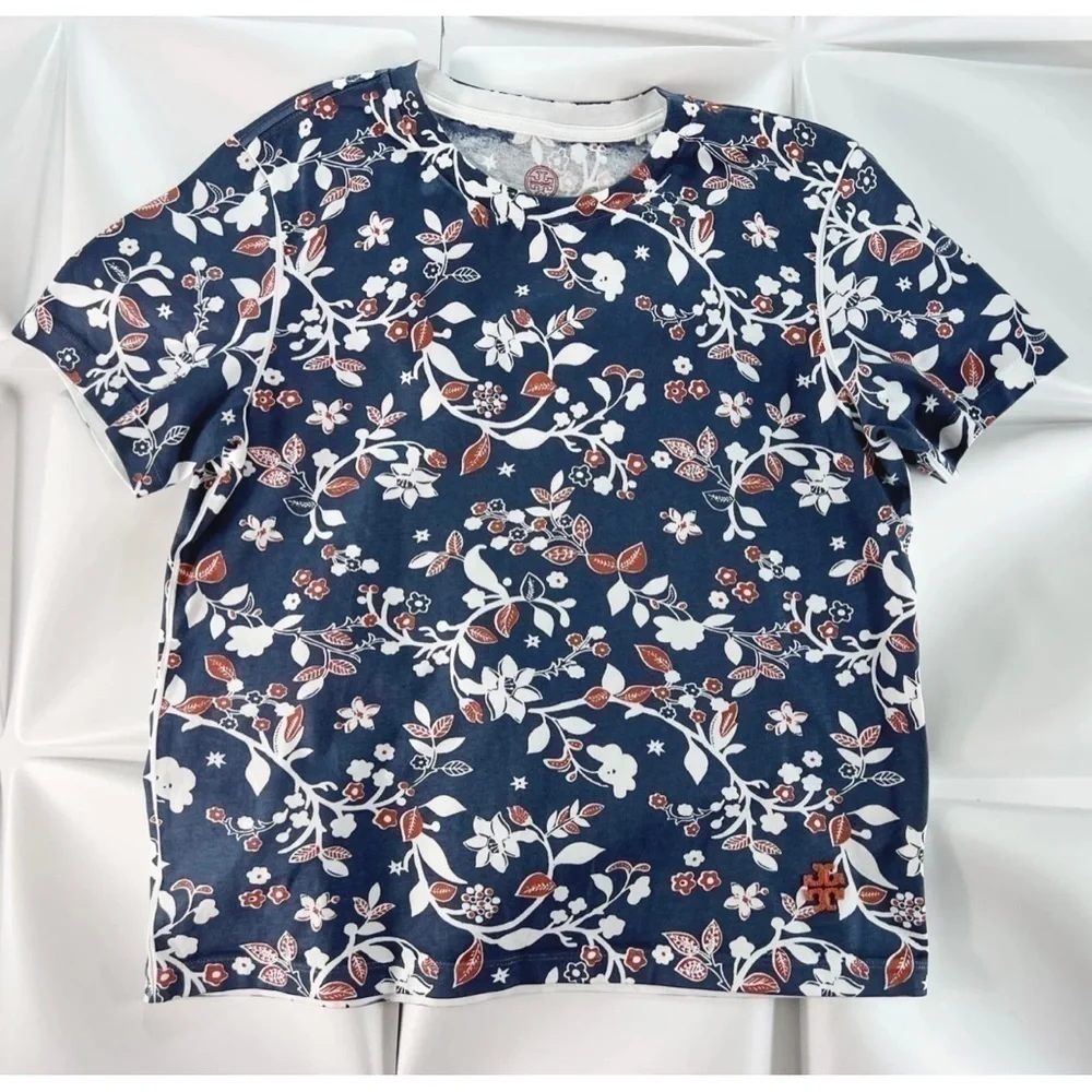 Tory Burch Womens Sz S Blue Floral Print Embroidered Logo Tee T-Shirt Top Blouse